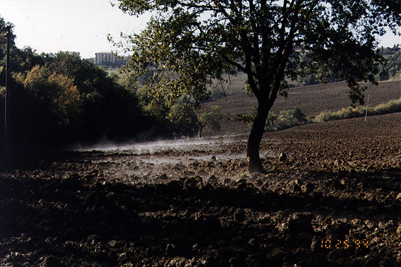 
A plowed field of brown earth with thick fumes rising from it.
	